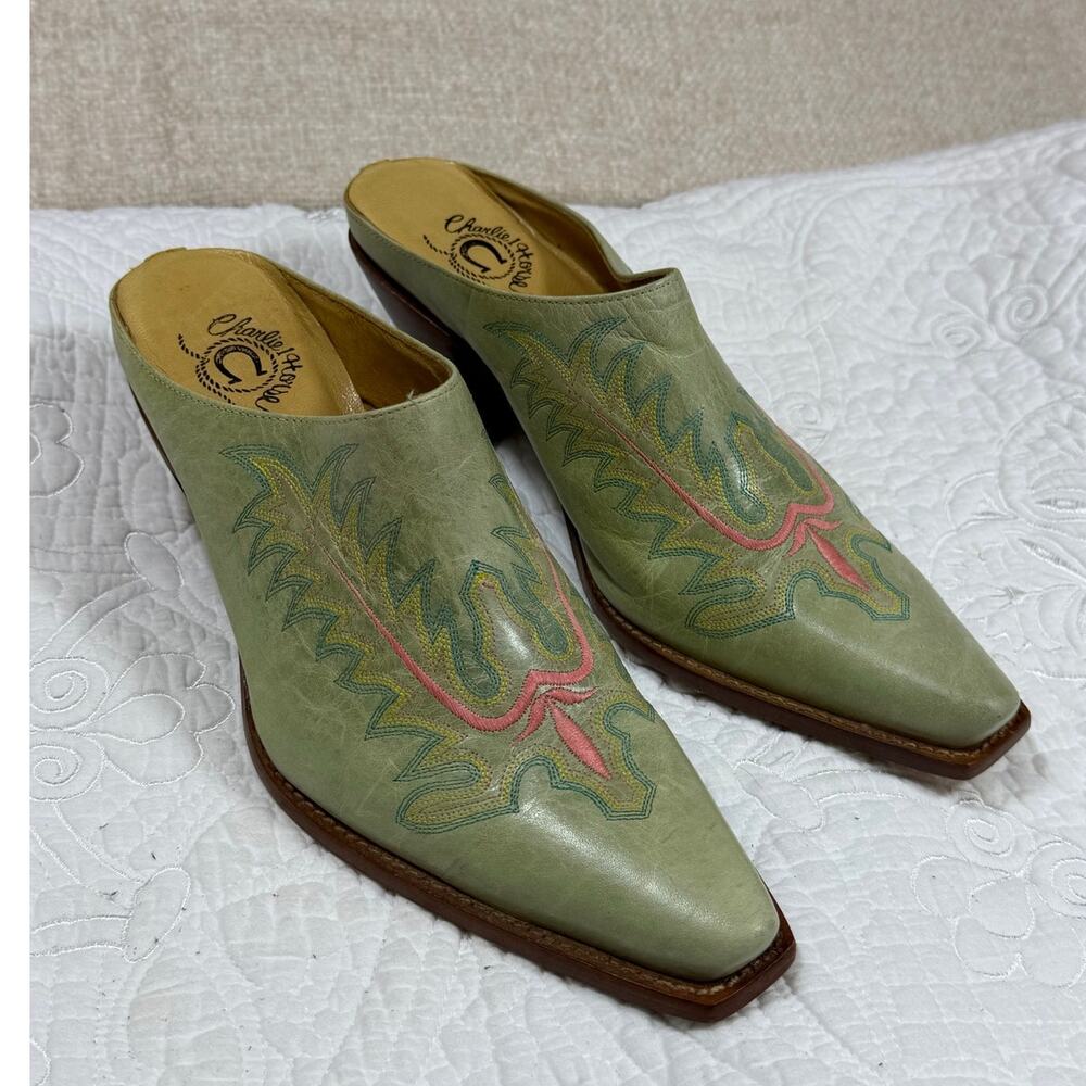Charla Anne Green Embroidered Pointed Mule Heels